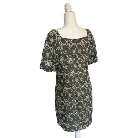 Talbots Green Embroidered Puff Sleeve Dress Size 10 Boho‎ Eyelet Floral Shift - Picture 4 of 9